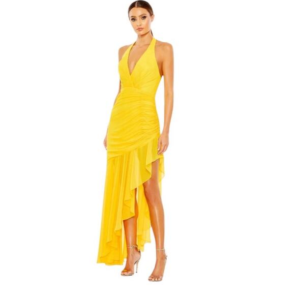 NEW Mac Duggal Size 10 55847 Yellow Asymmetrical Ruffle Hem Halter Strap Dress - Picture 1 of 8